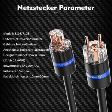 HiFi мережевий кабель Monosaudio P901 4.5Sq 1м, мідний OFC з екрануванням, High-End кабель живлення EU Schuko на IEC C15 для підсилювача, DVD, сабвуфера та декодера