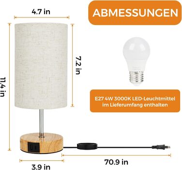 Настільна лампа Suright з торшером, сенсорне керування, диммування, USB A+C, тканинний абажур, дерев'яний цоколь, для спальні/вітальні (LED, 1 шт.) - бежева