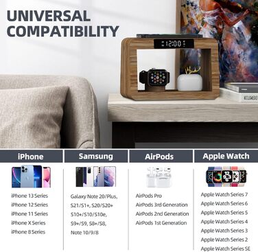 Багатофункціональна бамбукова зарядна станція 5-в-1 з бездротовим зарядним пристроєм, світлодіодним нічником та годинником, сумісна з Apple Watch, AirPods, Samsung Galaxy та іншими пристроями