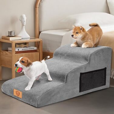 Phone Dog Stairs for Small Dogs, Dog Stairs, Non-Slip Dog Stairs 5 Steps, Washable Dog Ramp Bed, Pet Stairs made of High-Density Sponge, for Injured & Older Dogs, Cats (Pet Stairs 3 Steps, gray)