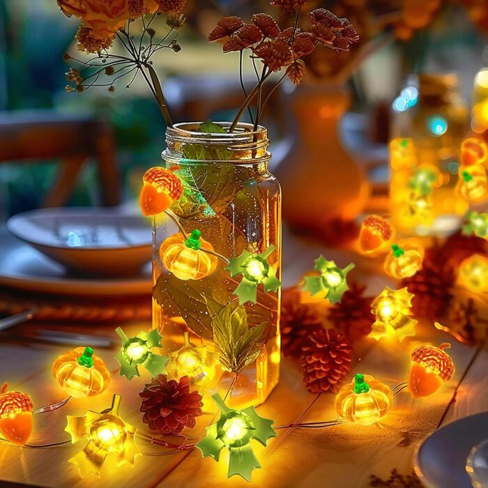 Льорочка декоративна LED, 3м, 30LED, з гарбузами, кленовим листям та жолудями для прикраси інтер'єру та екстер'єру, на батарейках. Ідеально для осіннього декору, Дня подяки, Хелловіну.