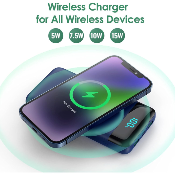 Бездротовий Power Bank 26800mAh 25W PD3.0 + QC4.0, зовнішній акумулятор з LCD-дисплеєм та швидкою зарядкою 15W, 4 USB-порти, для iPhone, Samsung, Huawei, Oppo — Синій