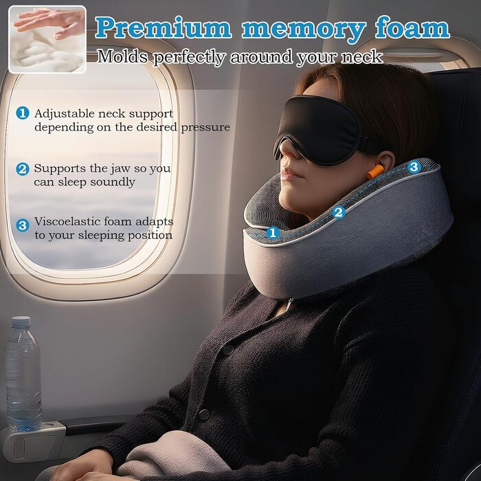 Подорожний набір 5 в 1: Ергономічна подушка для шиї з ефектом пам'яті (Memory Foam), маска для сну 3D, беруші та сумка, сіра