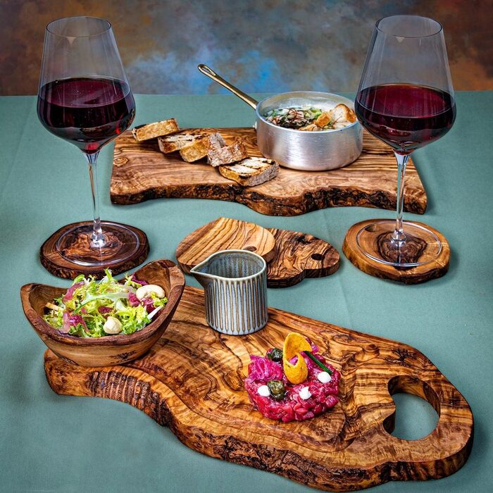 SOLTAKO Coasters Olive Wood The Rustic Coaster round/rustic Ø approx. 12cm (6x Coasters + 1x Stand)