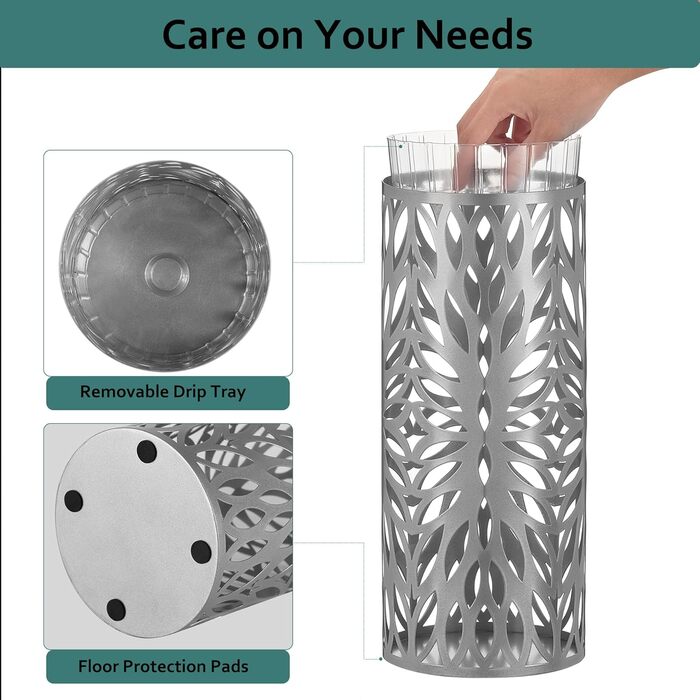 LAND VOI Metal Umbrella Stand - Rectangular, Portable with Drip Tray - Silver