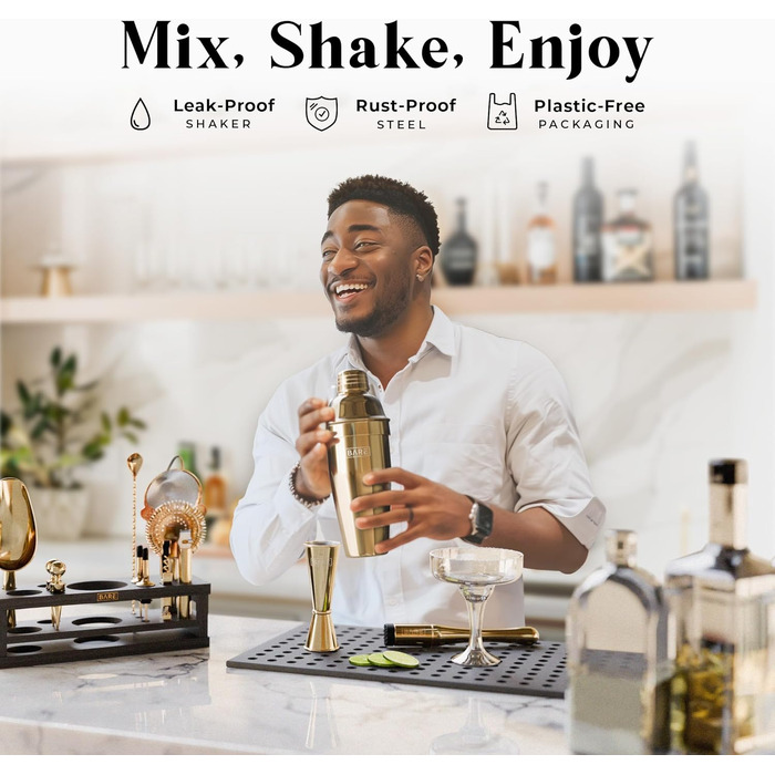 Набір бармена BARE BARREL® Mixology: 16-предметний сет для коктейлів з шейкером Коблер (24oz), інструментами для бару та 35 картками рецептів, золото/чорний