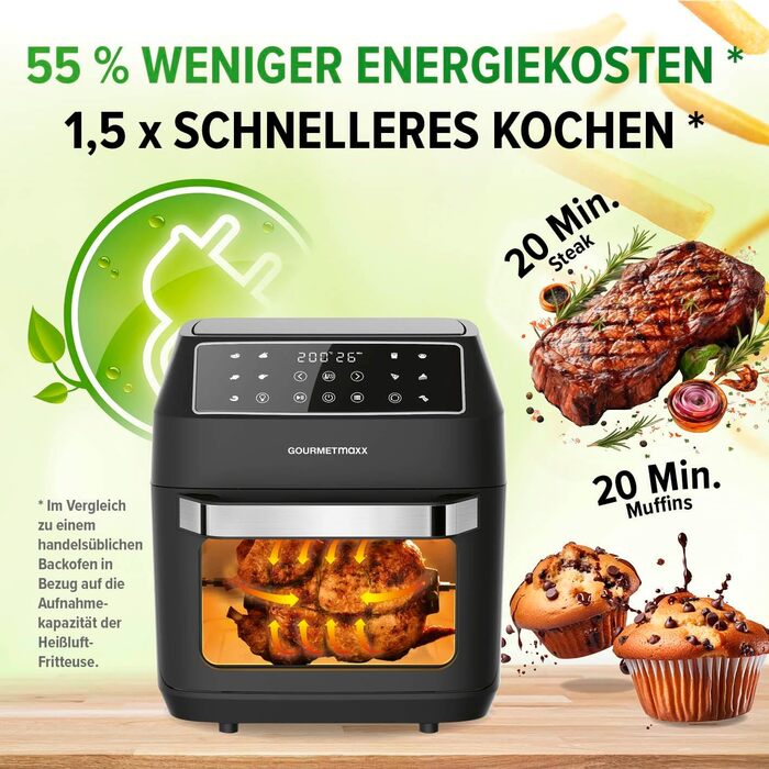 GOURMETmaxx Hot Air Fryer 12 L Airfryer | Deep Fryer with 9 Functions, Touch Display, Rotating & Skewer Spits | 10 Programs incl. Pizza | Mini Oven 1700 W – virtually without oil, matte black, 12 liters