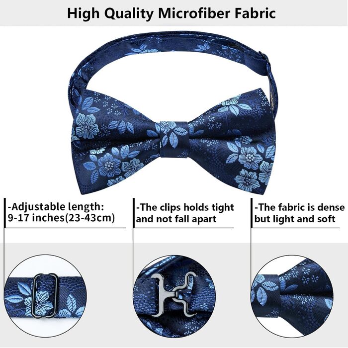 Метелик HISDERN для чоловіків з кишеньковим хустинкою, однотонний, регульований, для смокінгу, весілля, вечірки, синій та білий