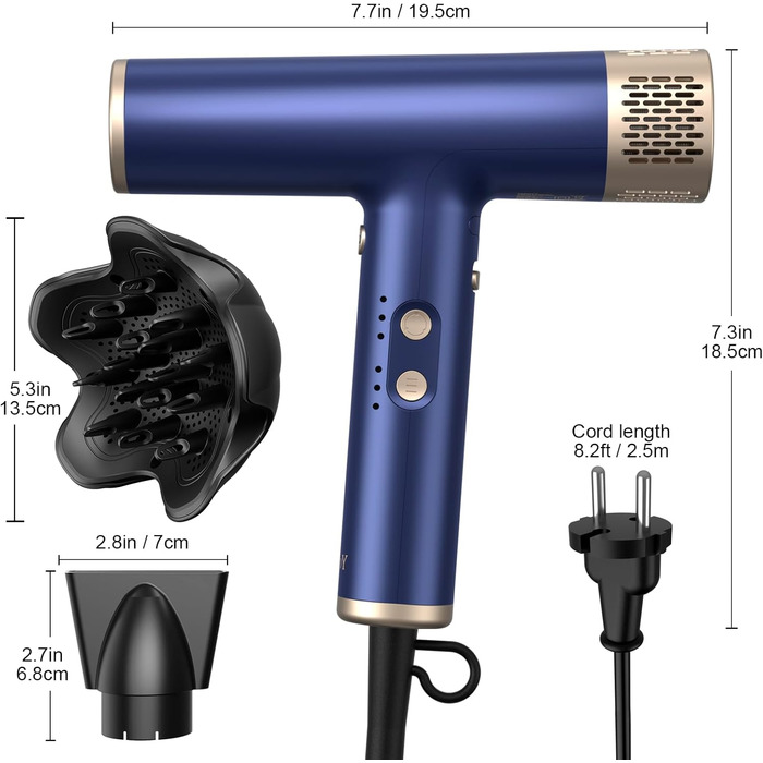 Професійний фен YAPOY з дифузором: швидка сушка, 200 млн іонів, 110 000 об/хв, захист від перегріву, термоконтроль, сріблястий (блакитний 2)