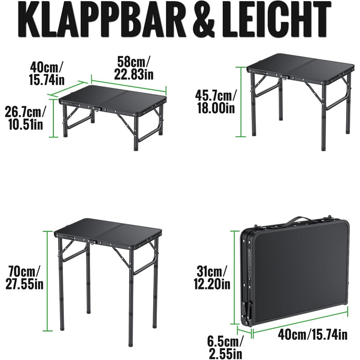 Складаний туристичний стіл Garllen 87x40 см, 3 висоти (26/48/70 см) - для кемпінгу, пікніків, саду та грилю