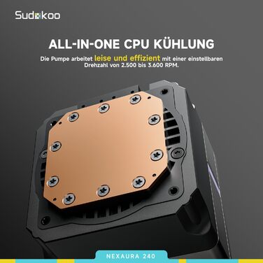 Система водяного охолодження CPU Sudokoo NEXAURA 240: AIO 360мм з 3 вентиляторами PWM, RGB, тиха насос 2500-3600 RPM, підтримка Intel LGA 1851/1700/1200/115X, AMD AM5/AM4, потужність до 300W