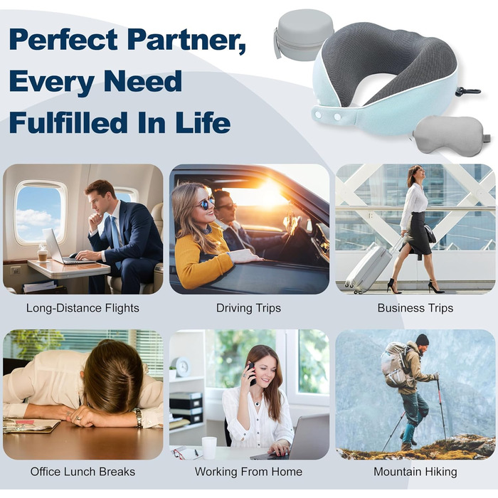 Подушка для шиї Comfy - подорожі літаком/автомобілем, memory foam, маска для сну, 360° підтримка (Морська блакить)