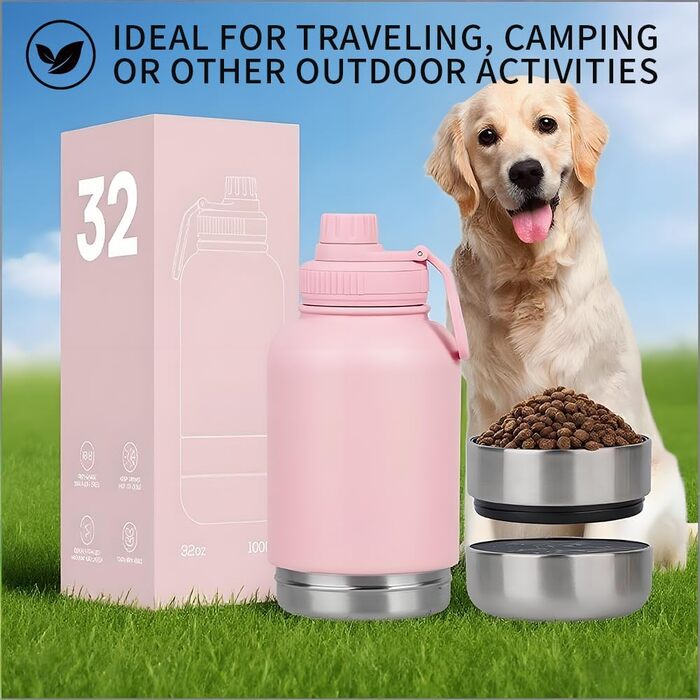 Миска-поїльник для собак 3-в-1 950 мл (Рожева) - для подорожей, з термоізоляцією та мискою, 3-в-1