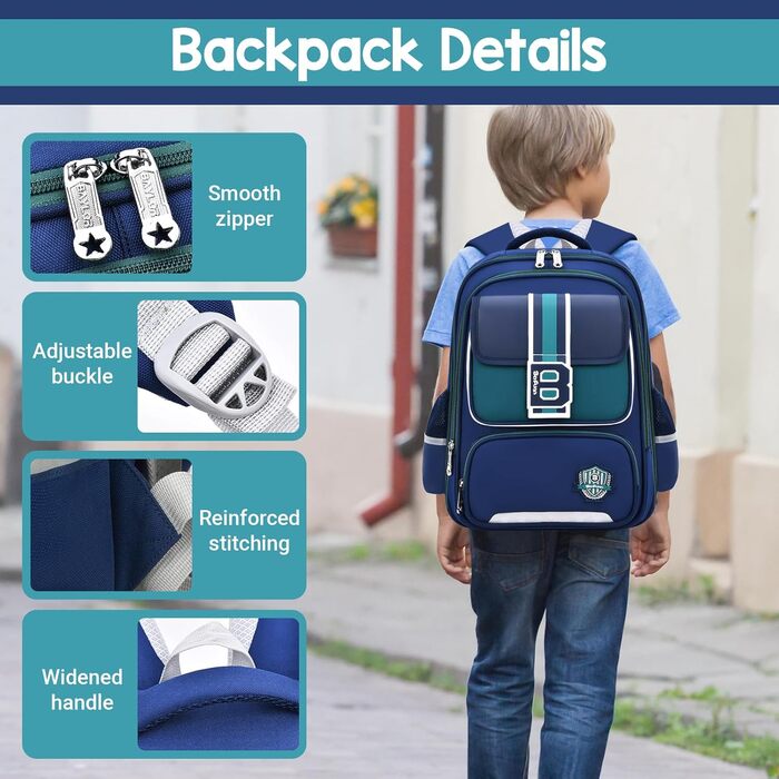 Шкільний рюкзак для хлопчика IvyH, 2-5 клас, 20 літрів, ергономічний, водонепроникний, для початкової школи, 8-12 років (темно-синій, зелений)