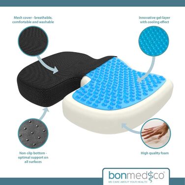 Ортопедична подушка для сидіння Bonmedico з Memory Foam Gel - для автомобіля, офісу, крісла колісного - чорна сітка, велика