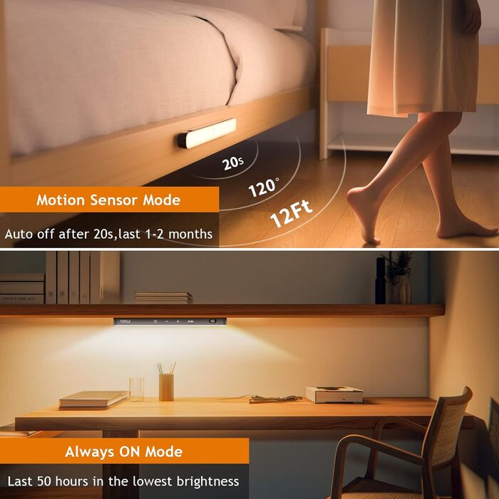 LED Closet Light with Motion Sensor, Battery Level Indicator, 2 Pack Under Cabinet Light Kitchen LED, USB Battery Powered Closet Light, Motion Sensor Cabinet Lights, 3000K