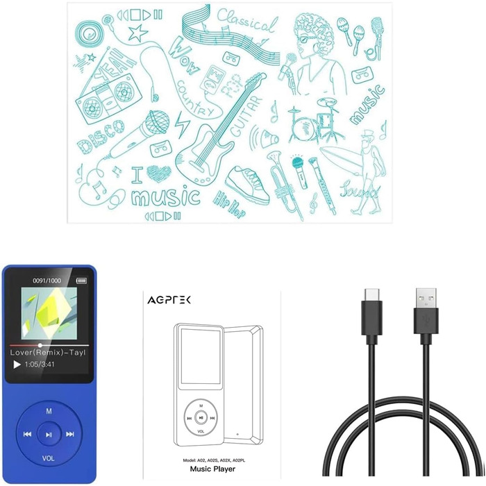 MP3 плеєр AGPTEK 64GB Hi-Fi музичний плеєр з часом роботи до 70 годин, підтримка карт пам'яті до 128ГБ, легкий портативний плеєр для дітей та дорослих, синій