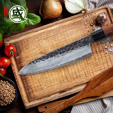 Японський кухонний ніж Mitsumoto Sakari Gyuto 22 см, ручне кування, високовуглецева сталь, дерев'яна ручка, подарункова коробка