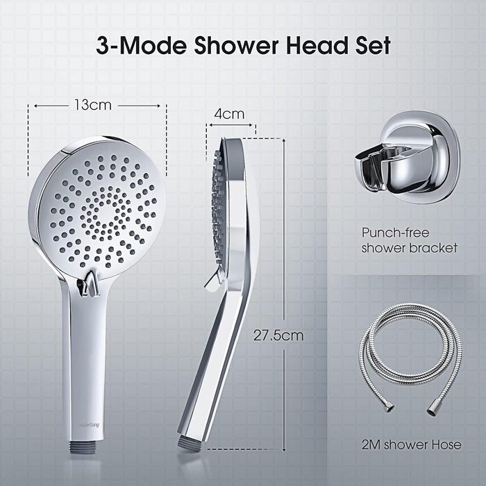 Showerhead Set, 3 Functions, Liquid Silicone - Showerhead Set with Hose and Holder, High Pressure and Water-Saving, Universal with G1/2 inch Connection, Chrome Showerhead for All Family Members