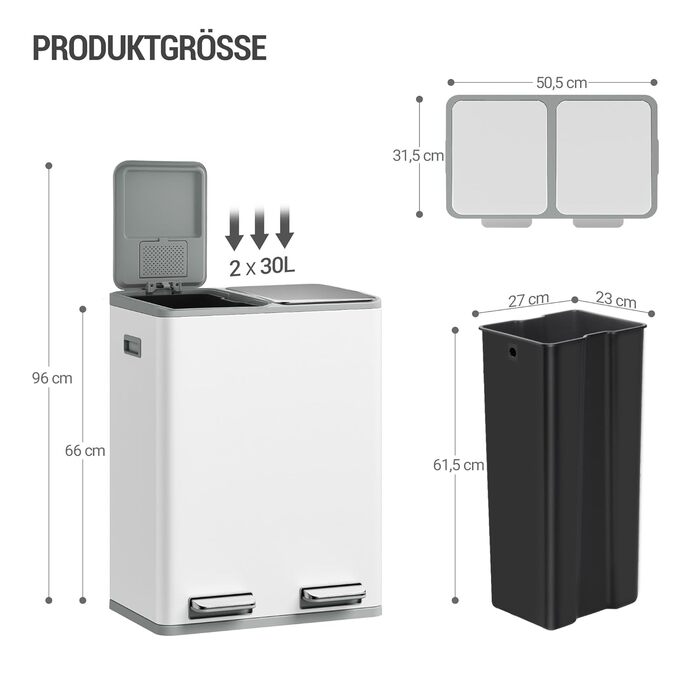 Відро для сміття з сортуванням 60 л, нержавіюча сталь, з педаллю, 2 відділення, SW06099E (біле)