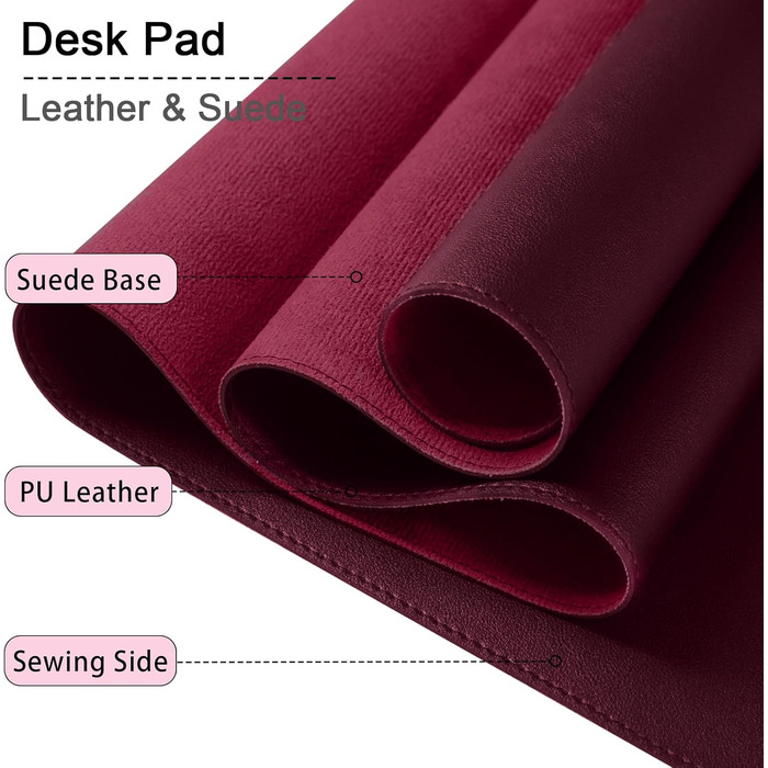 Підкладка для столу 90 x 43 см, PU шкіра, велике захисне покриття, водонепроникна та неслизька, для комп'ютера, офісу, клавіатури та миші (Бургунді)