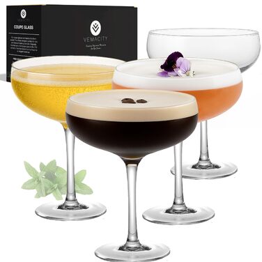 Набір з 4 елегантних келихів для Еспресо Мартіні Vemacity | Ручна робота | Келихи для шампанського, коктейлів, Маргарити | Ідеально для подарунка