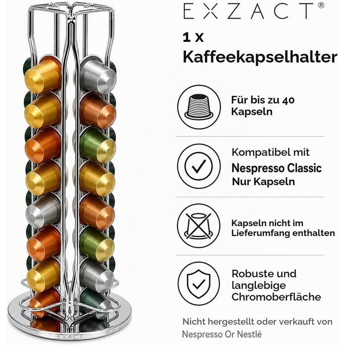 Органайзер для кавових капсул Exzact, сумісний з Nespresso (на 40 капсул) — обертовий підставний тримач для кавових капсул, протиковзкий, сріблястий