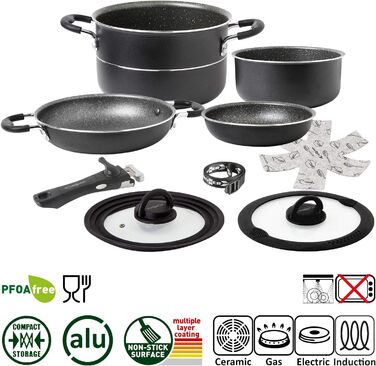 Набір посуду для кемпінгу BRUNNER Alu (каструлі та сковорідки) - 7+1, Vakublock, для 4 осіб, з антипригарним покриттям, легкий, високоякісний, складаний, діаметр 22 см