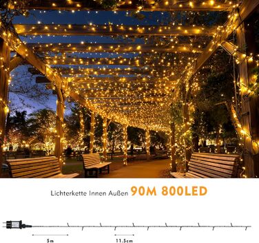 Гірлянда світлодіодна для прикраси вулиці, саду, дому, 90 метрів, 800 LED, тепле біле світло, IP44, таймер