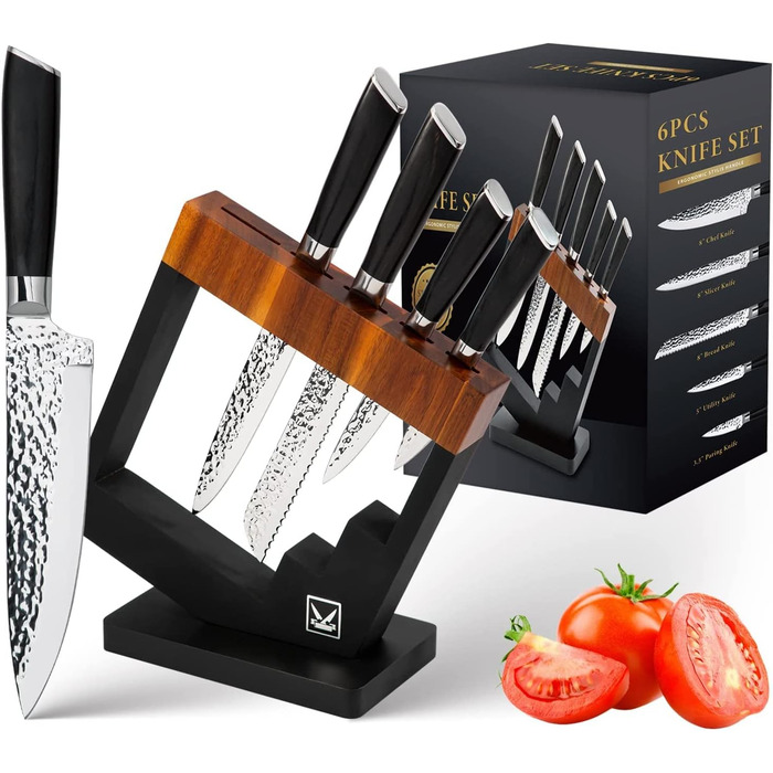 Набір кухонних ножів Messerblock 6-TLG з блоком: професійний набір з нержавіючої сталі з ергономічною ручкою з ебену, кухонний, м'ясний, хлібний, універсальний та овочевий ножі