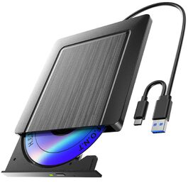 Зовнішній CD/DVD привід USB 3.0 та USB-C, ультратонкий оптичний накопичувач CD DVD +/-RW ROM для ноутбука, ПК, MacBook (Windows, macOS, Linux), чорний