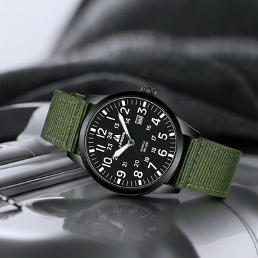Годинник чоловічий LN LENQIN аналоговий кварцовий на текстильному ремінці, водостійкий 30M, з датою (зелений, чорний)