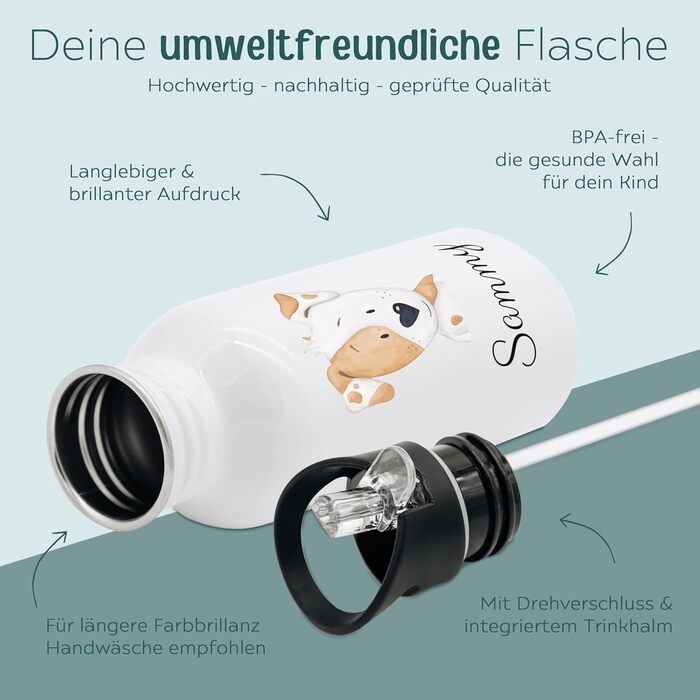 Дитяча термопляшка з нержавіючої сталі Wunderwunsch® з іменем - 500 мл - з трубочкою | Персоналізований подарунок для дитини