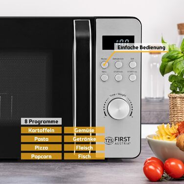 Мікрохвильова піч з грилем TZS First Austria 20L - 2-в-1, 700/800W, 8 програм, LED-дисплей, нержавіюча сталь, захист від дітей, чорний