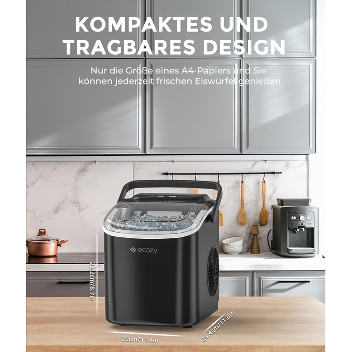 Машина для льоду Ecozy - компактна, самоочисна, 2 розміри кубиків, 9 кубиків за 6 хвилин, 12 кг/24 год, лопатка та кошик для кухні, офісу, бару, вечірки