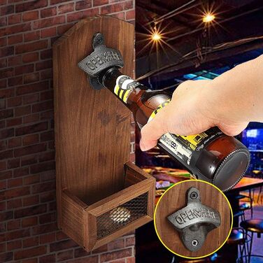Goldmiky Wooden Bottle Openers for Wall Mounting, Vintage Wooden Bottle Opener for Bar, Kitchen, Terrace, Wall Bottle Opener Bottle Opener Bar Beer, Gift for Men and Beer Lovers Style A