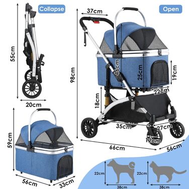 Візок для собак Mamizо 3-в-1: візок, переноска, сумка, до 20 кг, з відкидною конструкцією, 360° колеса, колір срібно-блакитний