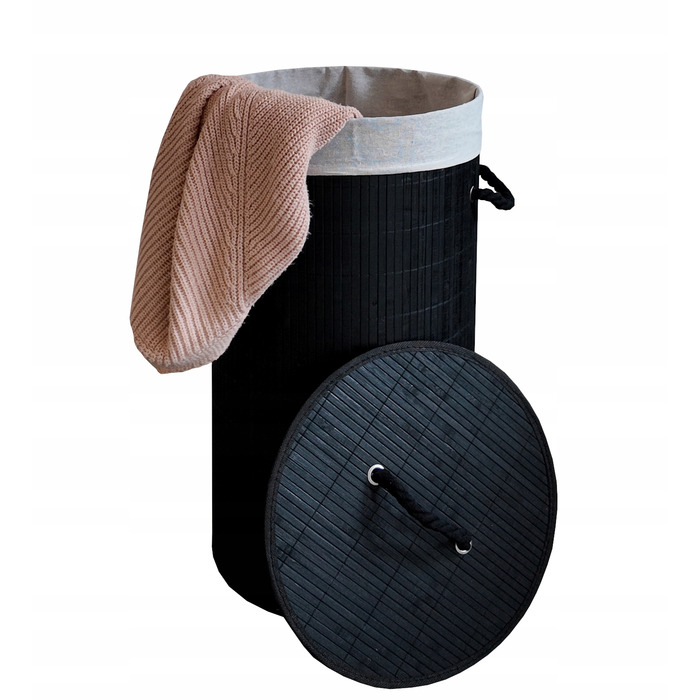 Великий круглий бамбуковий кошик для білизни з кришкою, 60 л, чорний