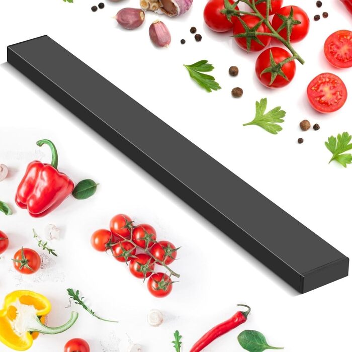 Improved 60cm Trhillsbrad Magnetic Knife Strip, 60cm Magnetic Knife Holder with 3 Hooks, Stainless Steel Knife Rail Self-Adhesive, Black Wall Mount Magnetic Strip No Drilling Knife Holder