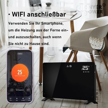 Конвектор DONYER POWER 2500W з Wi-Fi, чорний, з таймером та пультом керування, скло, настінний/підлоговий