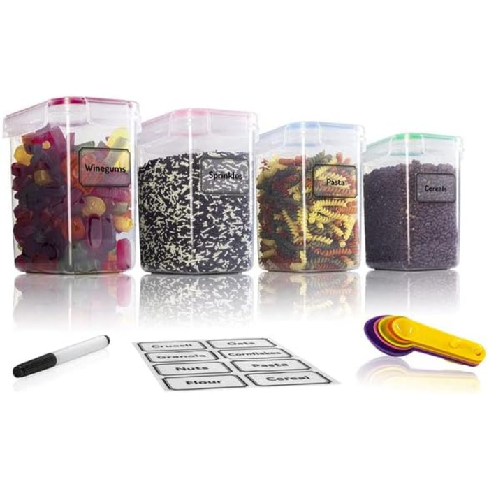 TNM Storage Container Set (4x1.6L), Airtight Food Storage Boxes for Kitchen - Plastic Containers with Lids, Cereal Dispenser & Freshness Containers, BPA-free Plastic, Storage for Noodles, Cereal, Rice, Flour - Coloured Food Container 1.6l