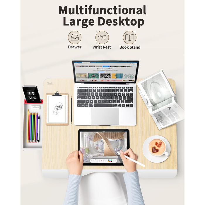 SAIJI Розкладний столик для ноутбука та планшета XXL з ящиком та підставкою для книг/телефону (65 x 49 x 30 см, Тік)