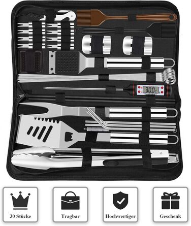 Набір для барбекю Grilliance з нержавіючої сталі: 30 аксесуарів для гриля, щипці, лопатка, відкривачка, кейс, килимок. Чудовий подарунок для чоловіків, для саду, кемпінгу.