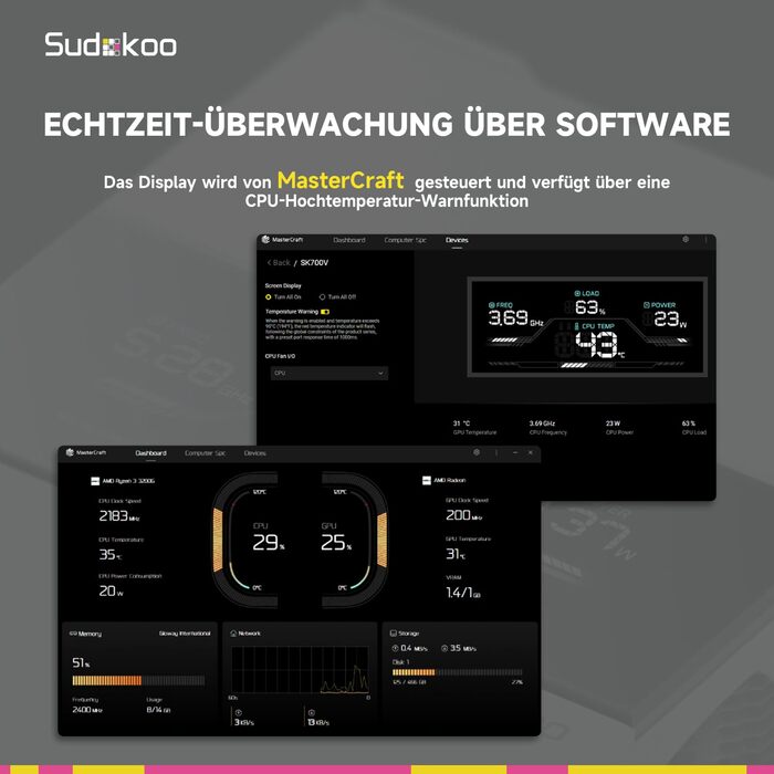Система охолодження CPU Sudokoo SK700V AM5 з вентилятором 120 мм, дисплеєм, 7 heatpipes та гарантією 5 років