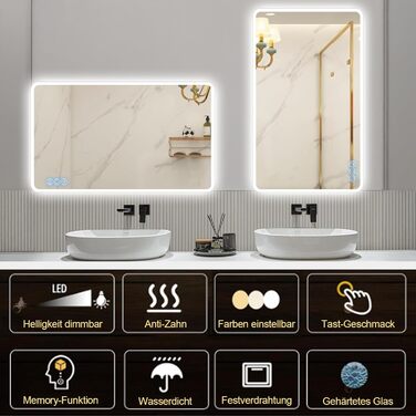 Дзеркало для ванної кімнати з підсвічуванням 100x60 см, сенсорні кнопки, IP65, 3 режими кольору, функція пам'яті, HD скло, горизонтальне/вертикальне встановлення