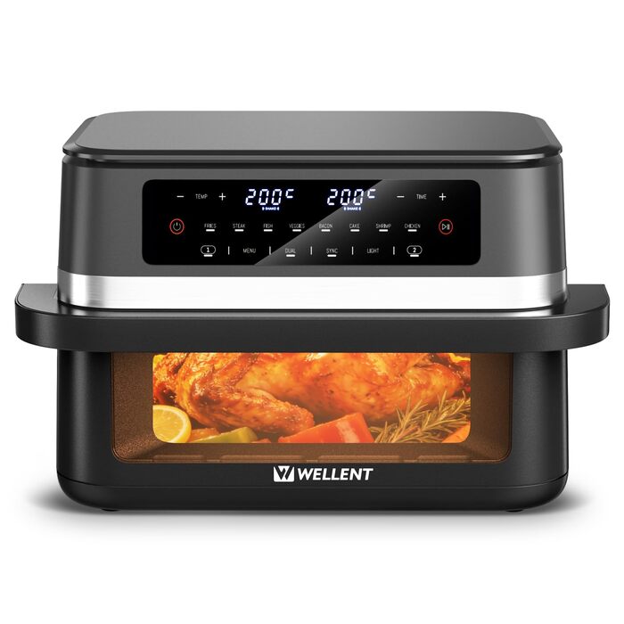 Аерофритюрниця WELLENT 12L Dual Zone XXL - 2950W з двома камерами (6+6L) з оглядовим вікном, функцією Match & Sync, нагадуванням про струшування, придатна для миття в посудомийній машині