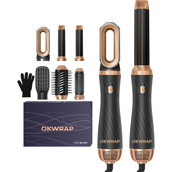 Набір для укладки волосся OKWRAP Airstyler 6 в 1: фен-щітка, автоматична завивка, об'ємні насадки, чорний/золотий