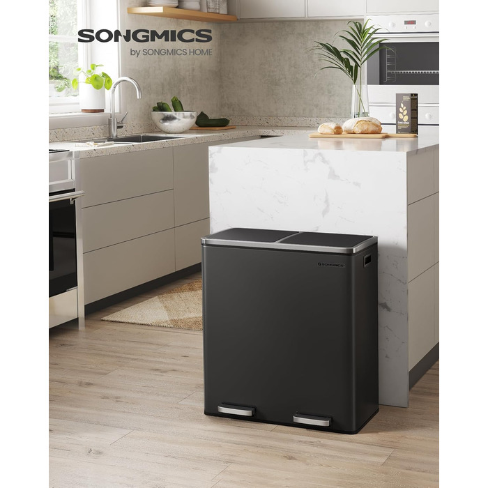 Сміттєвий бак SONGMICS подвійний 2х30л з педаллю, роздільний збір сміття, чорний металевий, з пластиковим відром та кришкою Softclose