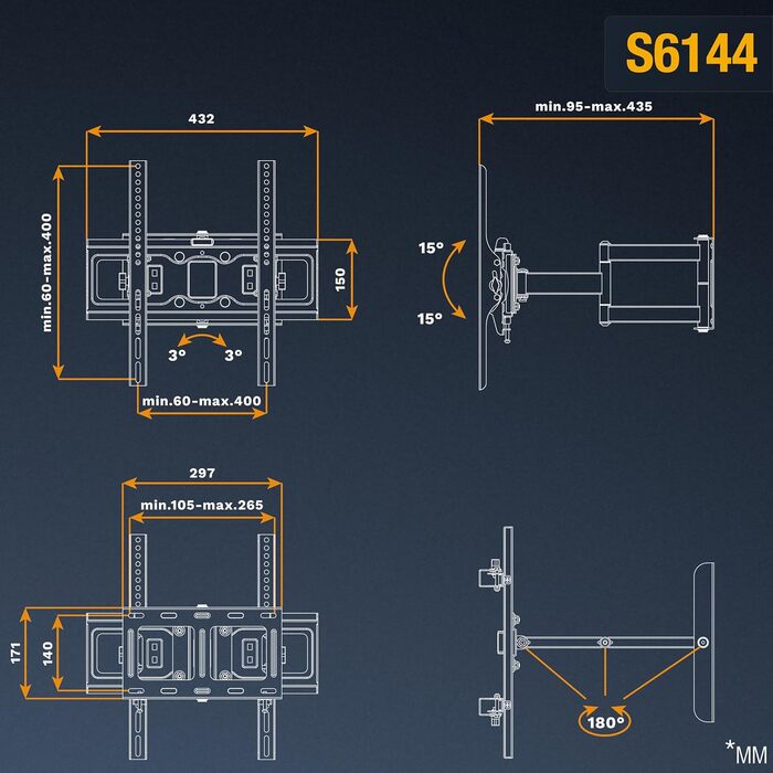 Кріплення для телевізора RICOO S6144, поворотне, настінне, для телевізорів 32-55 дюймів, чорний, VESA 400x400, до 50 кг