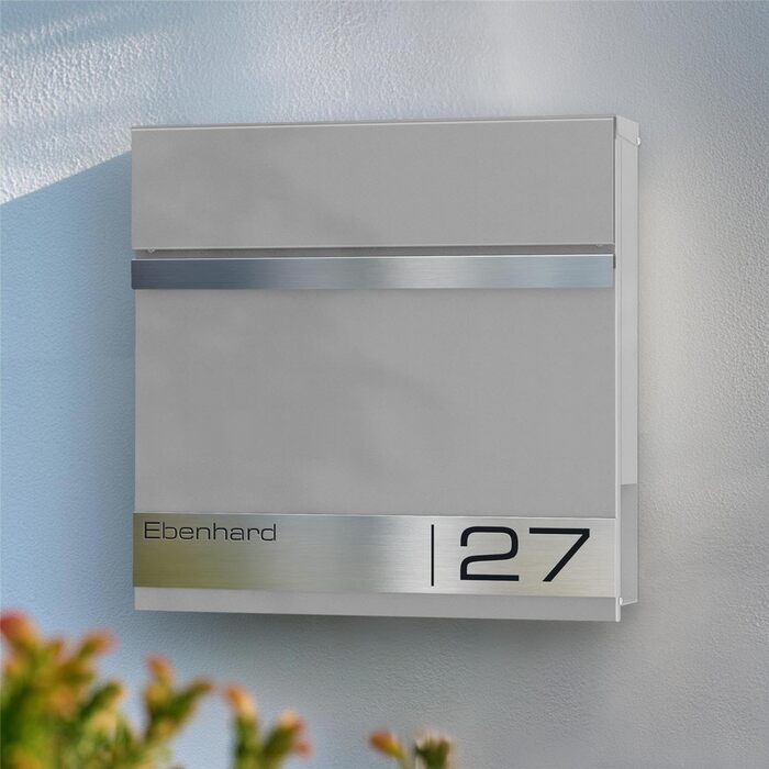 Поштова скринька Metzler Premium з газетницею Anthrazit, персоналізована з табличкою для імені, високоякісна настінна з нержавіючої сталі V2A з порошковим покриттям RAL 7016, модель Stencil (сірий алюміній)